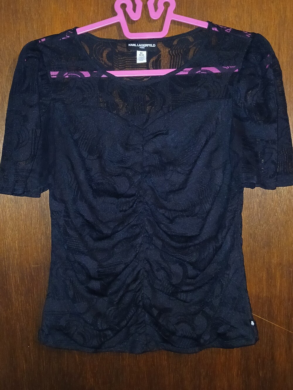 Karl Lagerfeld Paris Sheer Black Lace Mock-Corset Cap Sleeve Top